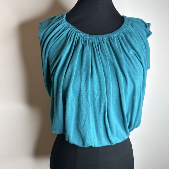 VTG Y2k HAPPENING IN THE PRESENT Teal Flowy Pleated Cropped Tank Top Size Small - Picture 1 of 11